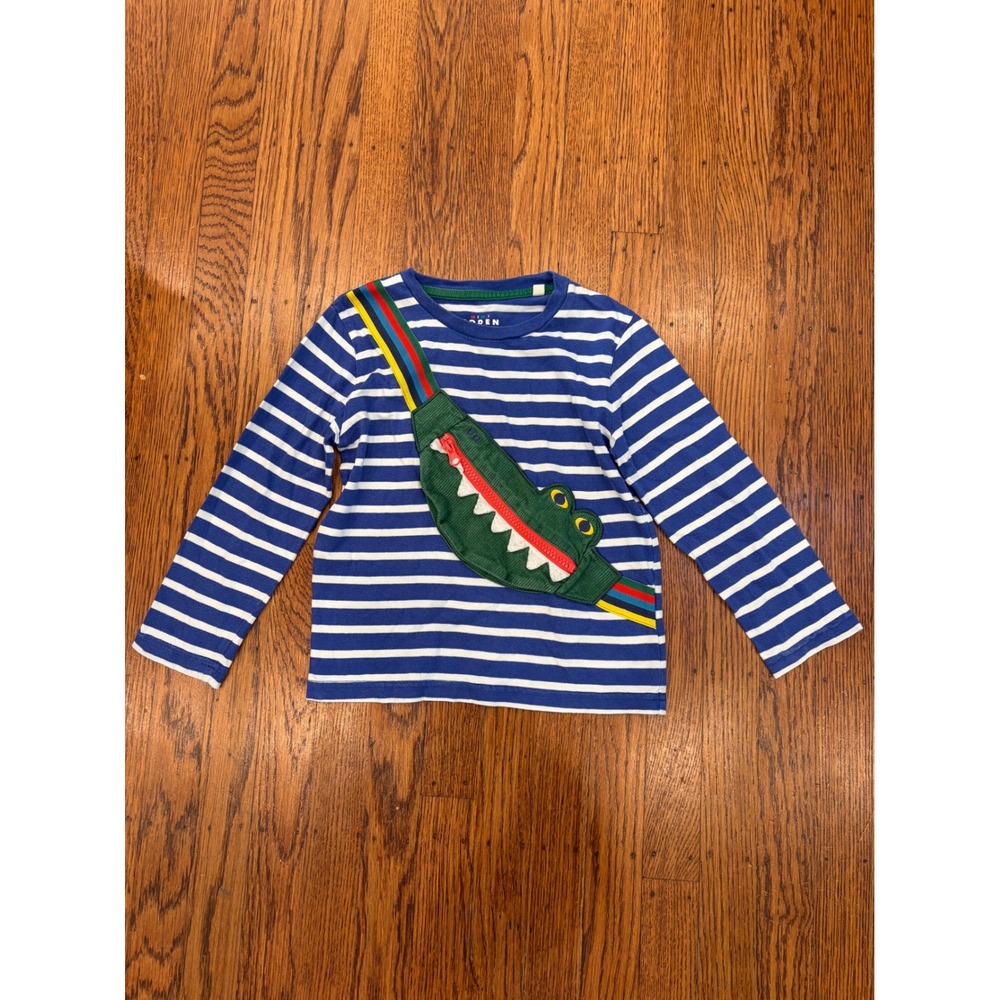 Mini Boden Boys Blue White Striped Crocodile Zipper Pouch Shirt 4-5Y